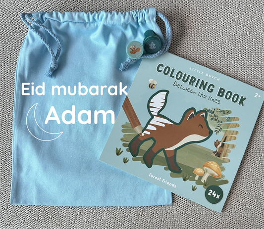 Cadeautas schaap met kleurboek en stempel- blauw